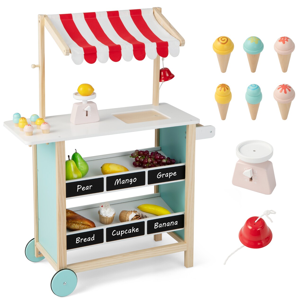 Costway Kids Ice Cream Cart Wooden Toddler Farmers Market Stand with Chalkboard & Storage White/Green